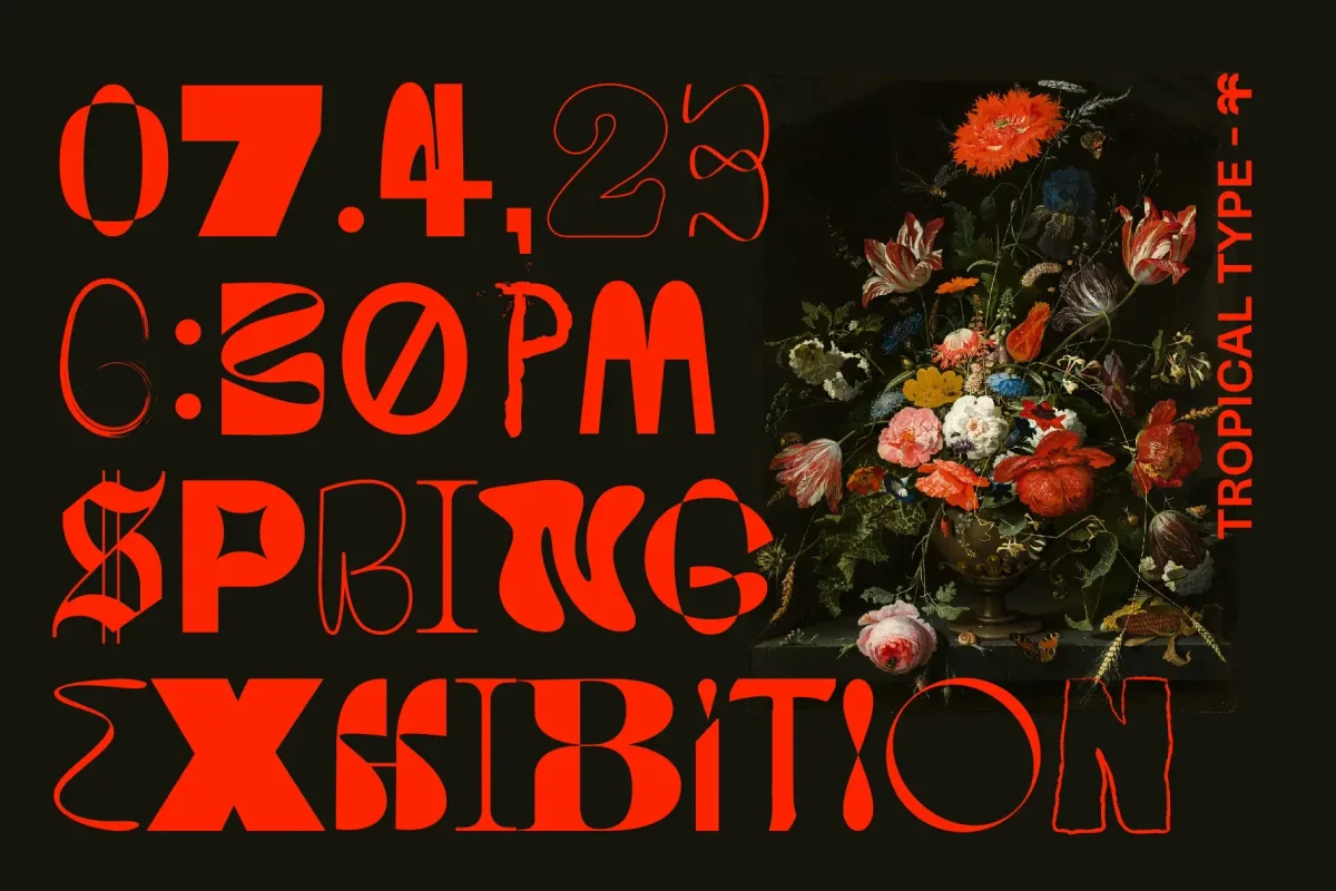 Dark flyer with bright red text announcing a spring exhibition on 07.4.23, with Alpha Punk font and a flower arrangement background.