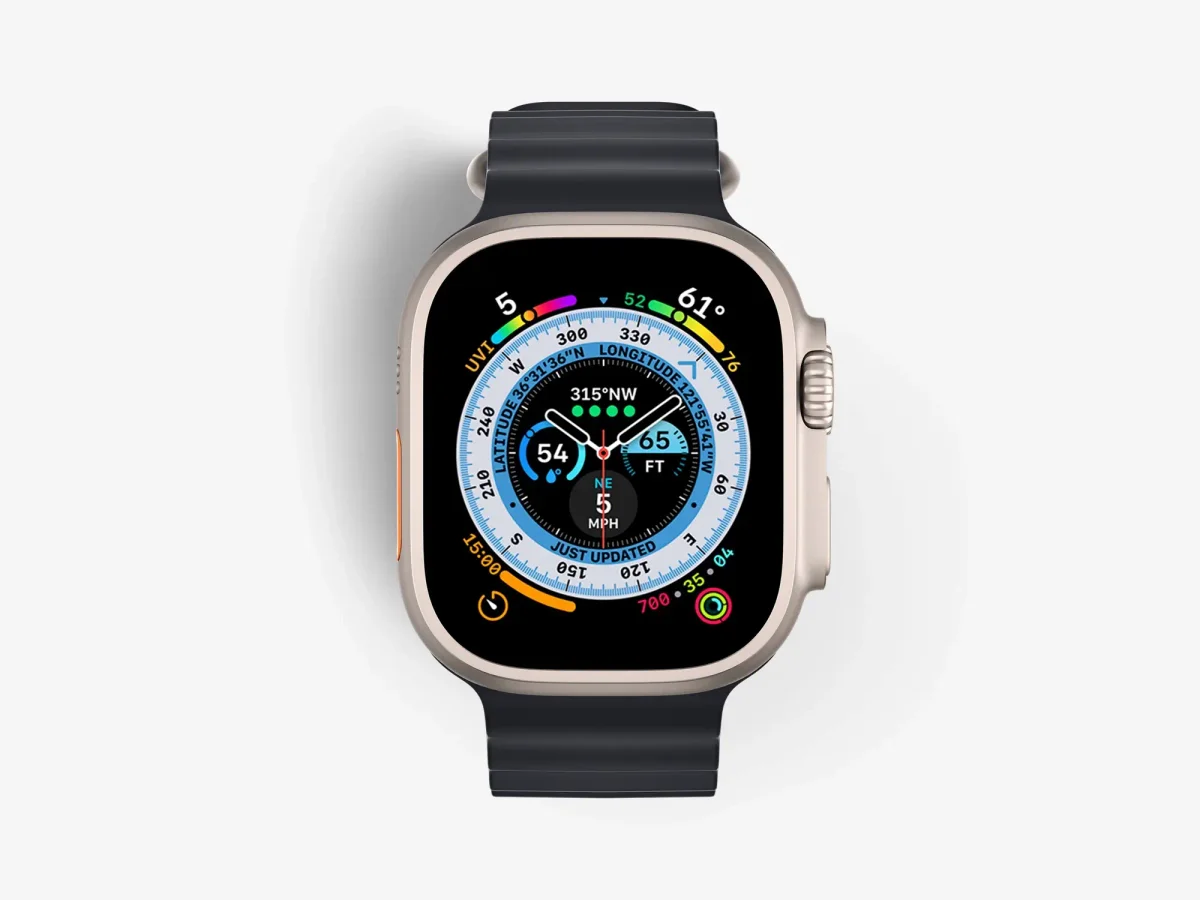 Premium Apple Watch Ultra mockup with a black band, displayed from above to highlight the intricate, colorful watch face, perfect for showcasing detailed and high-resolution design elements.