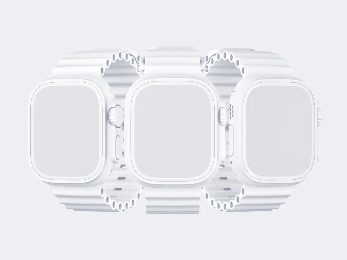 Premium Apple Watch Ultra mockup in a monochromatic white, featuring three watches in different angles, highlighting the minimalist and clean design, ideal for versatile design presentations.