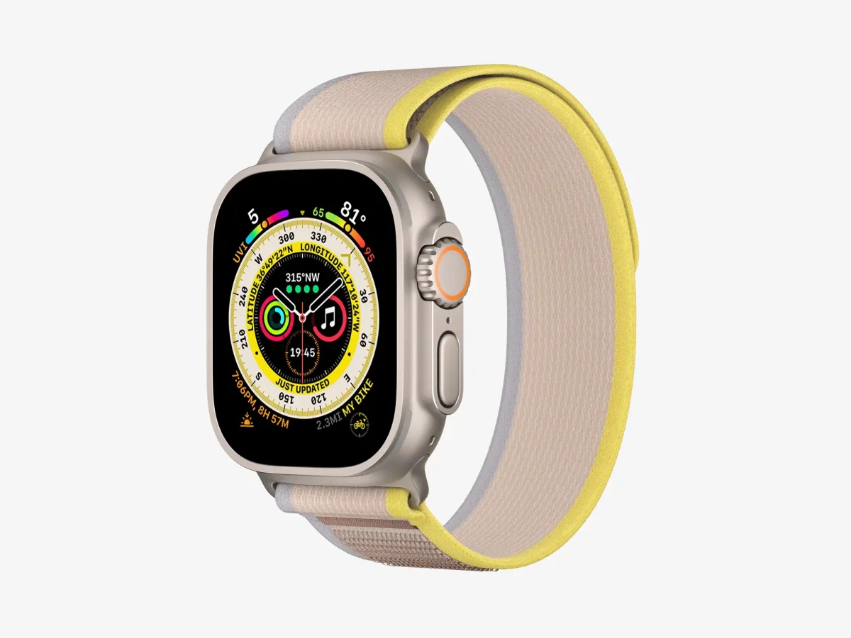 Premium Apple Watch Ultra mockup with a beige and yellow band, emphasizing the colorful and detailed watch face, suitable for modern and stylish design projects.