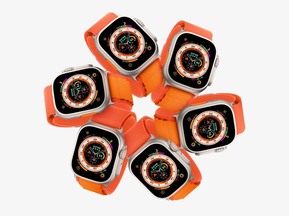 Premium Apple Watch Ultra mockup featuring six watches arranged in a circular pattern, all with orange bands and vibrant watch faces, showcasing a bold and energetic design.
