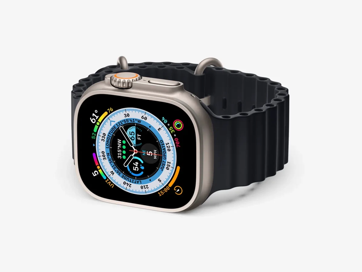 Premium Apple Watch Ultra mockup with a black band, displayed at an angle to highlight the watch's sleek design and vibrant display, perfect for high-quality visual presentations.