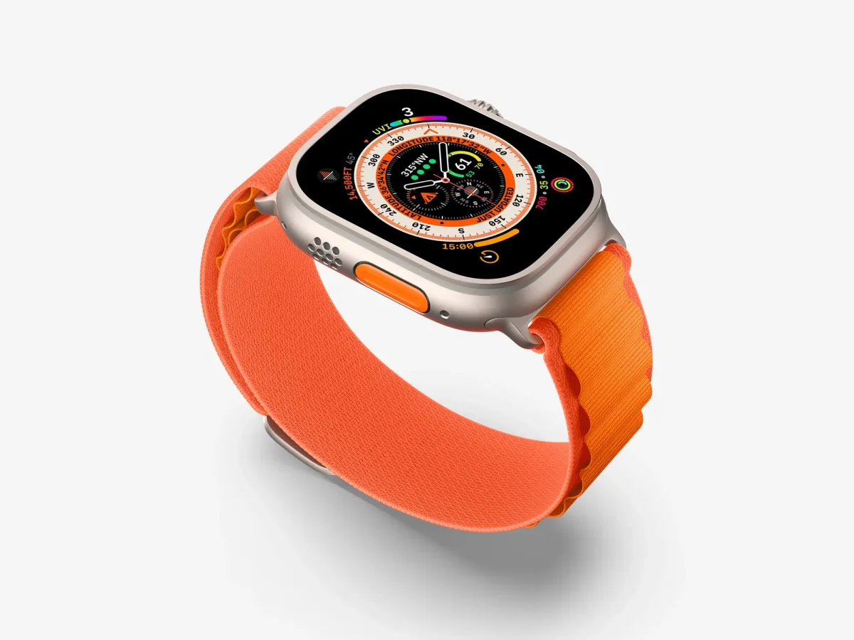 Premium Apple Watch Ultra mockup featuring an orange band and a detailed, colorful display, showcasing a modern and sporty design ideal for a variety of app design presentations.