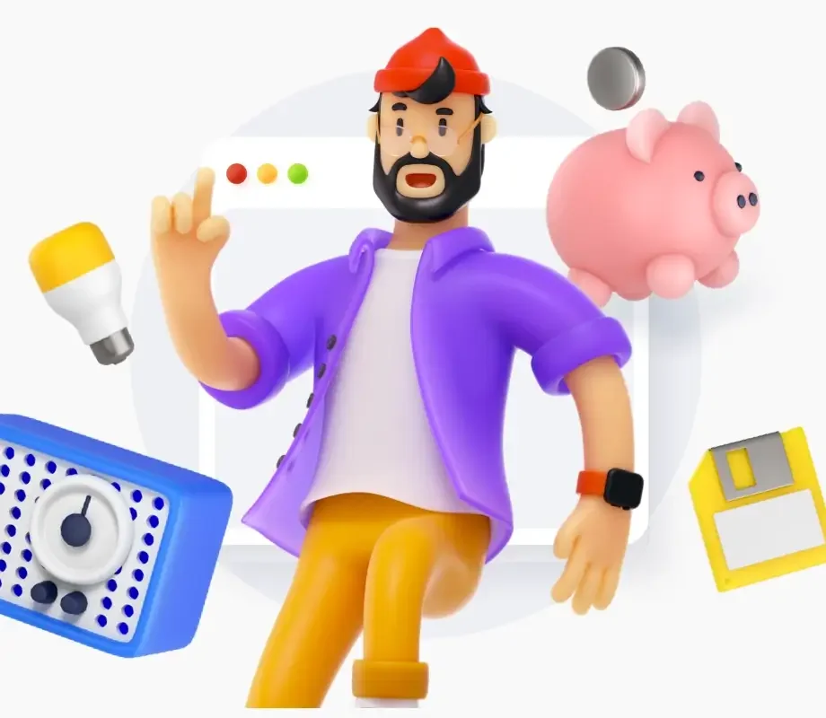 A 3D character illustration of a bearded man by LS Graphics in a red cap, purple jacket, and yellow pants, surrounded by various digital elements like a light bulb, a piggy bank, and a floppy disk, representing creative web and app design.