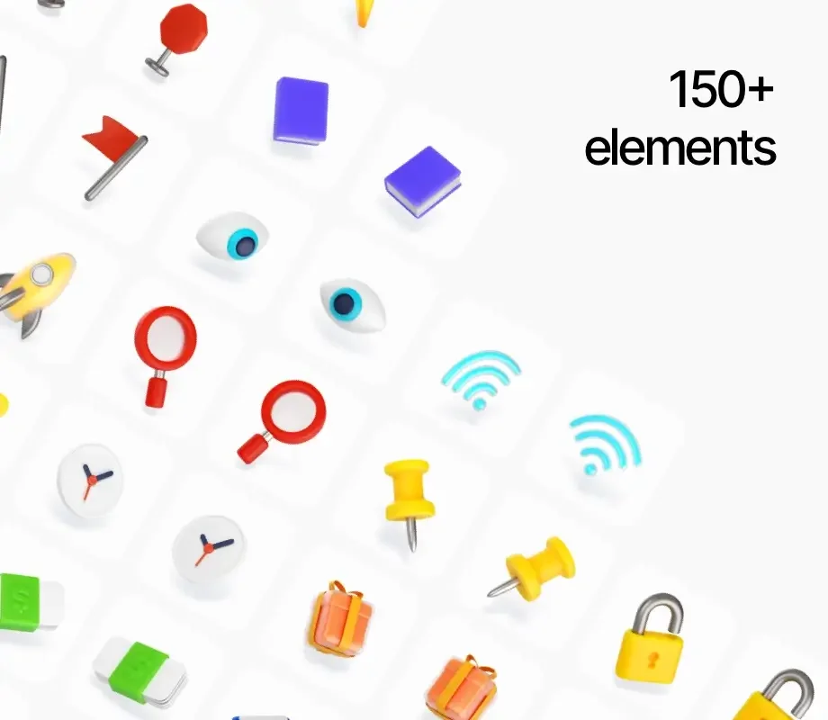 An array of over 150+ 3D icons by LS Graphics including magnifying glasses, Wi-Fi symbols, pushpins, and clocks, providing diverse elements for enriching web and app interfaces.