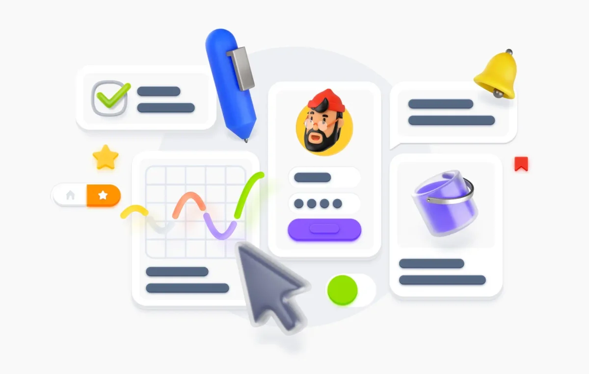 3D illustration by LS Graphics featuring various UI elements like a chart, profile icons, a pen, a bell, and a paint bucket, along with colorful graphs and icons, designed to enhance website presentations.