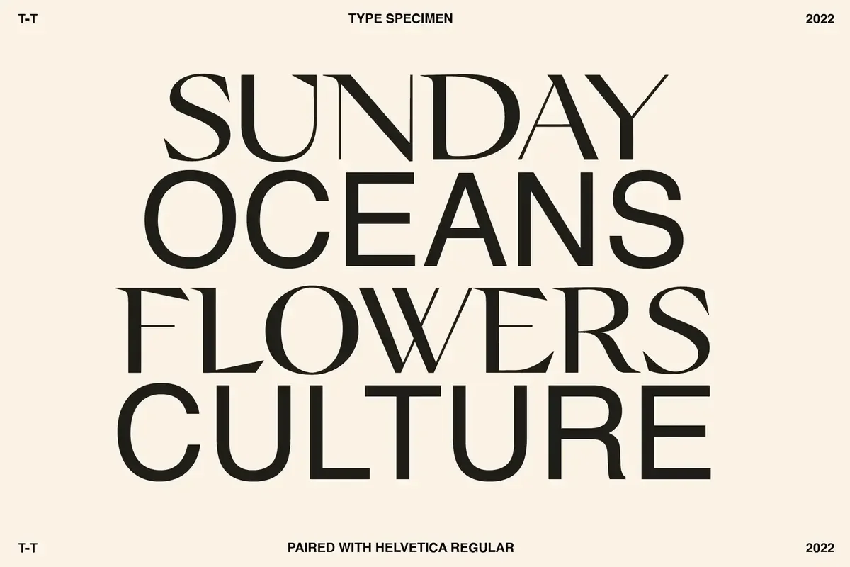 Type specimen displaying Sunday Oceans Flowers Culture in bold font, paired with Helvetica Regular, dated 2022.