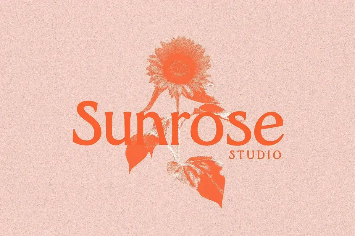 Sunrose Studio logo featuring bold orange retro text and a sunflower illustration on a soft pink background, perfect for vintage brand identities.
