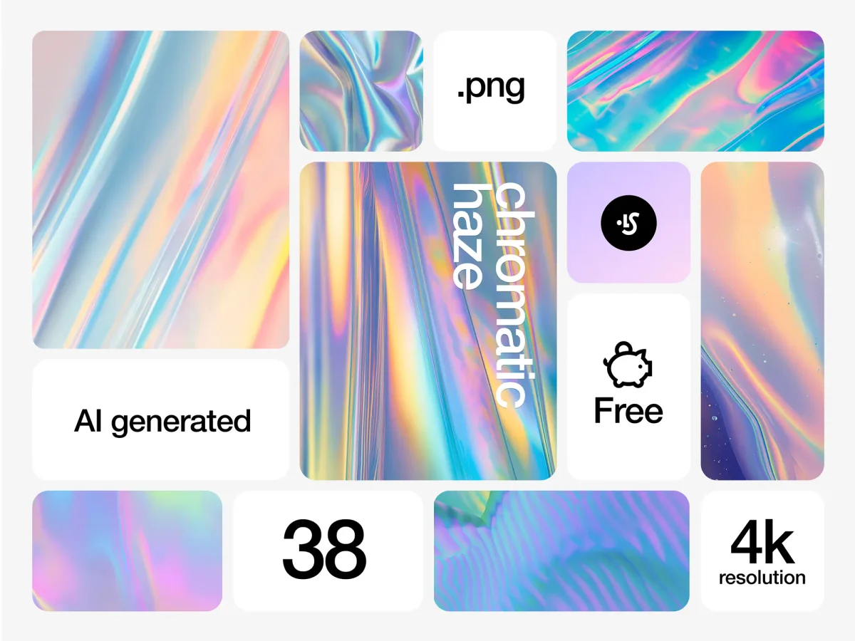 A collage of iridescent textures, showcasing multiple color variations, labeled "chromatic haze.”