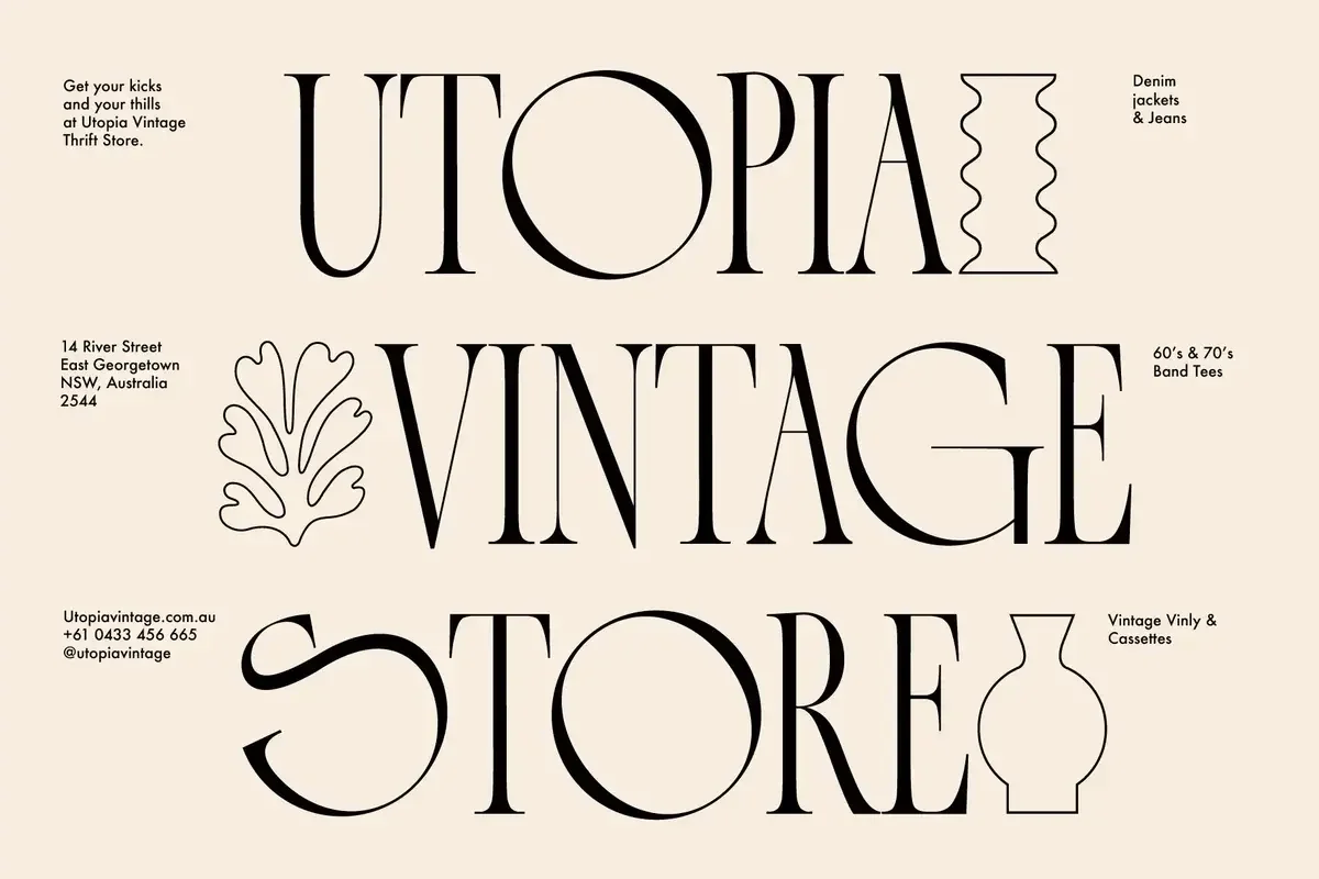 Utopia Vintage Store text using the Disco Deco Typeface, paired with decorative graphic vases and leaves; vintage-themed items listed such as denim jackets and vinyl records.