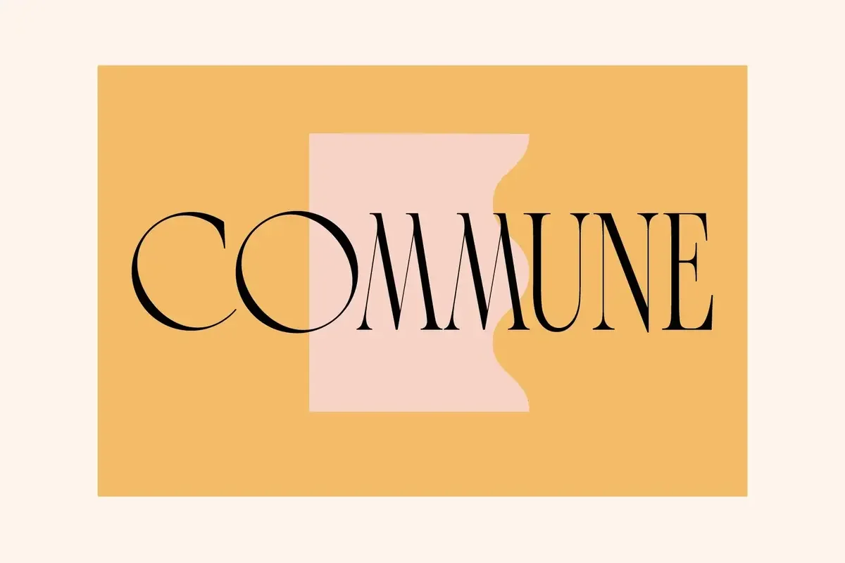Bold black text COMMUNE on a golden rectangle background, with a pale pink abstract shape behind the letters.