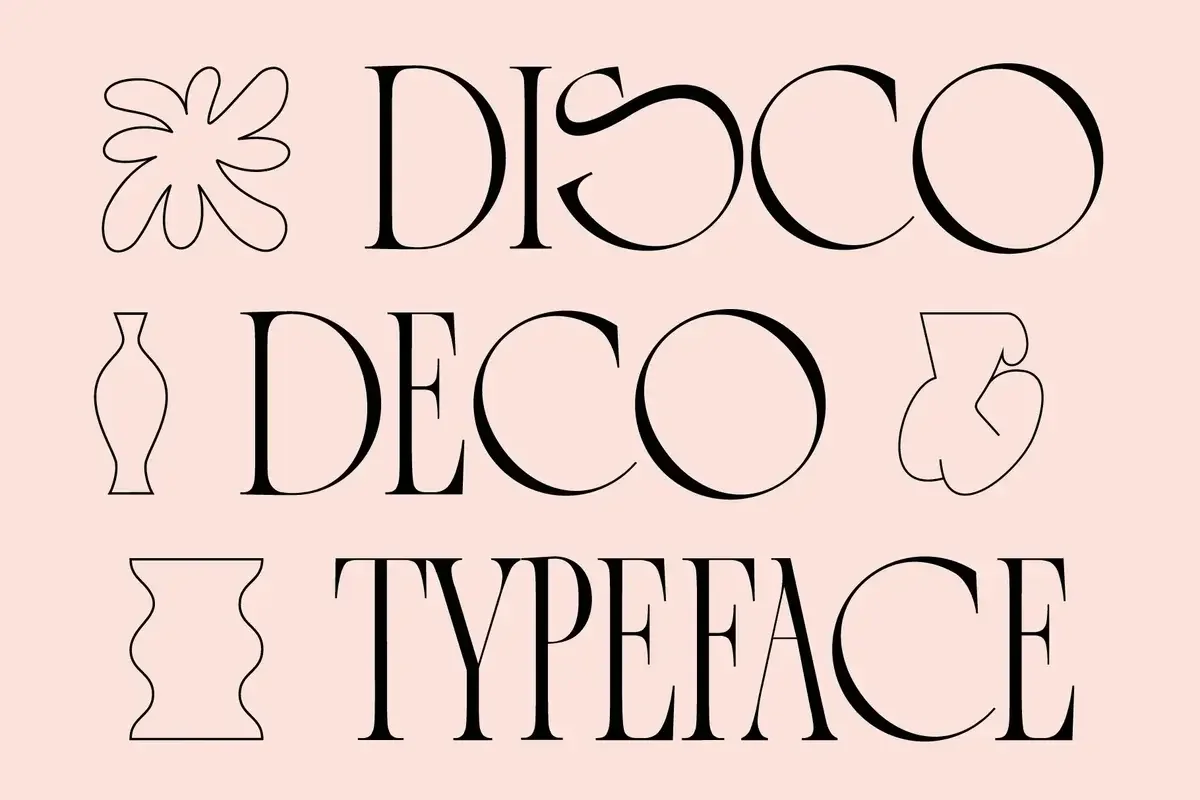 Disco Deco Typeface with abstract shapes and bold, curving Art Deco-inspired letters on a pink background.
