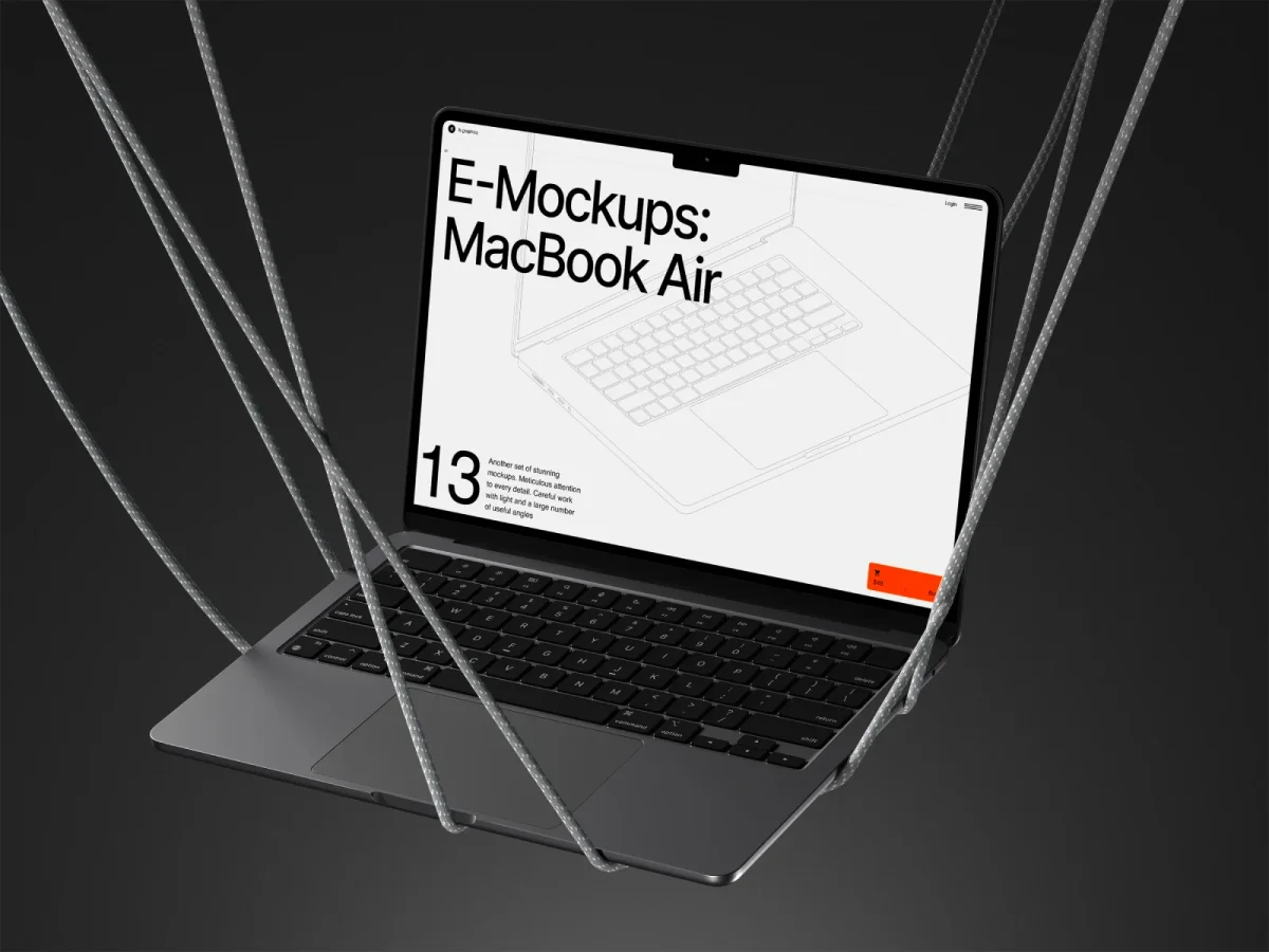 A MacBook Air with a white screen is suspended mid-air by grey ropes against a dark background, offering a unique and dynamic perspective for web and app presentations.