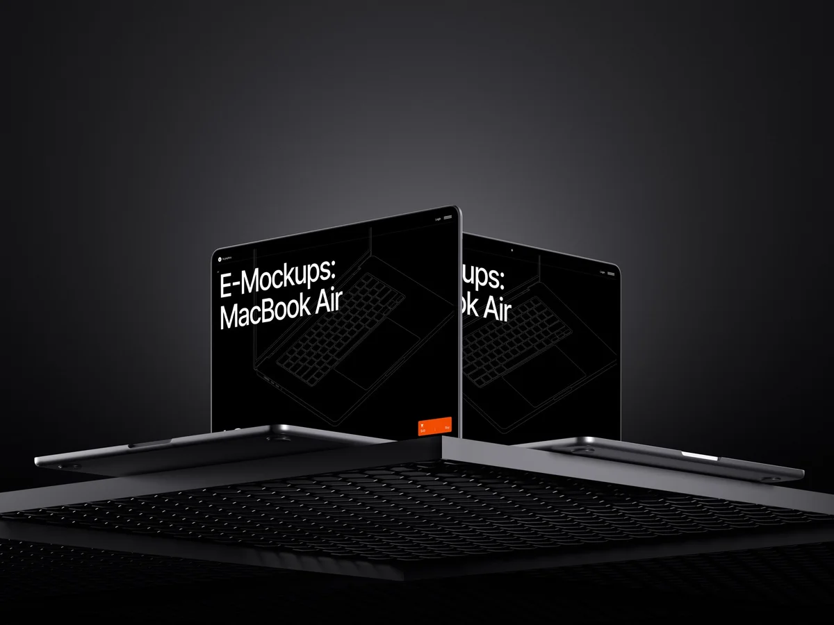 Two MacBook Air laptops with black screens are arranged on a perforated metal surface, creating a high-tech and sophisticated ambiance for showcasing web and app mockups.