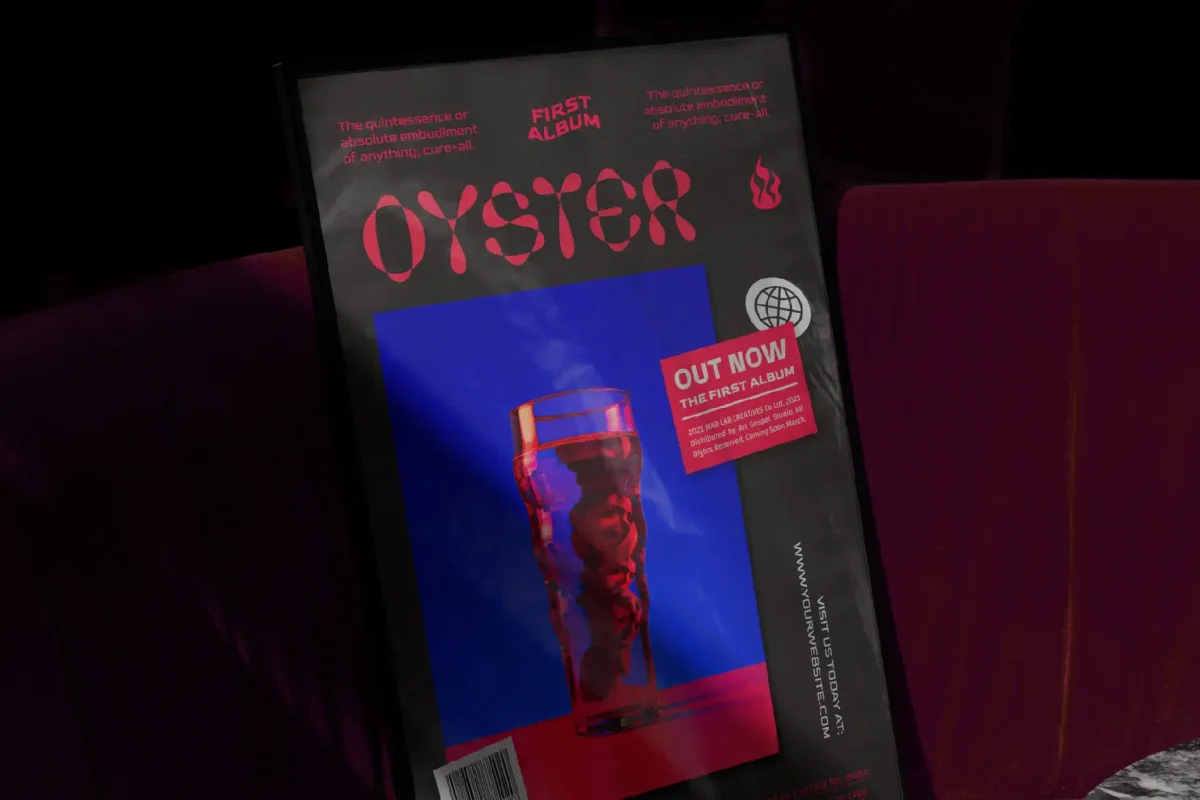 Bold poster design featuring unique red experimental typography for an album release, showcasing a futuristic graphic design style.