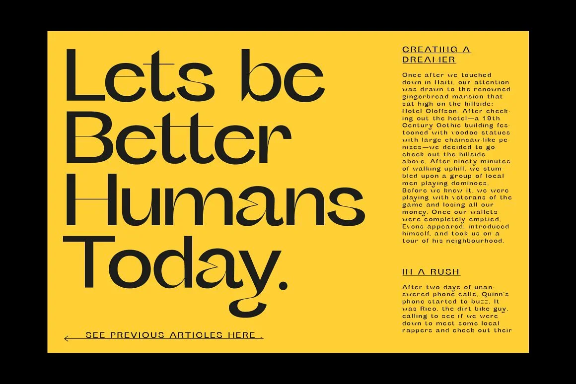 A bold yellow background with black sans-serif typography encouraging positivity, paired with a minimalist article layout.