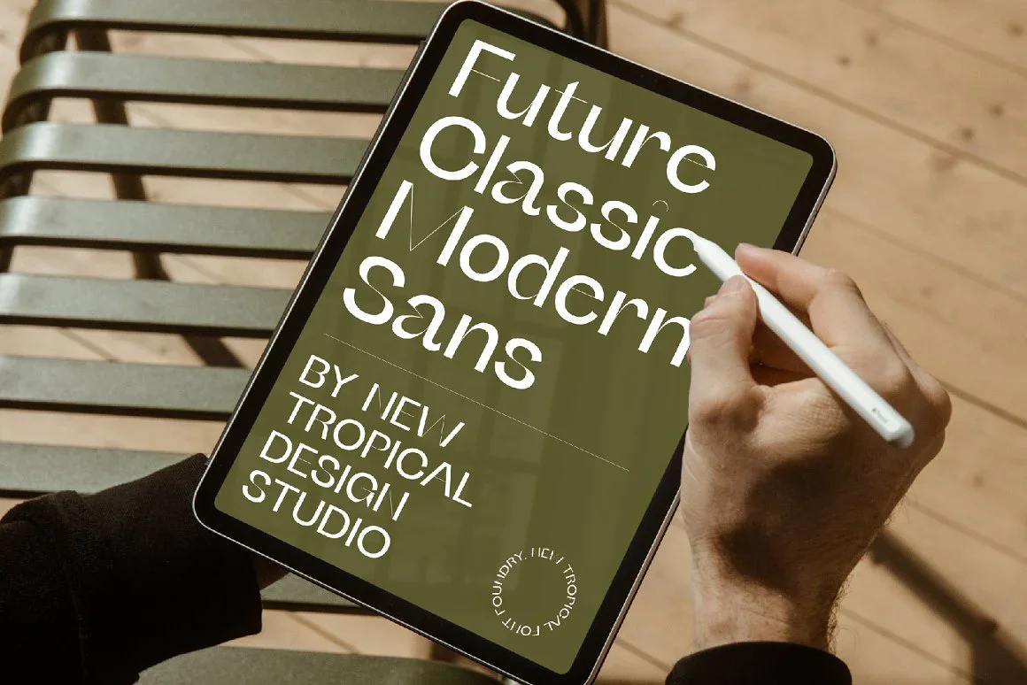 A tablet displaying modern sans-serif typography with a stylized font design, emphasizing a clean and contemporary aesthetic.