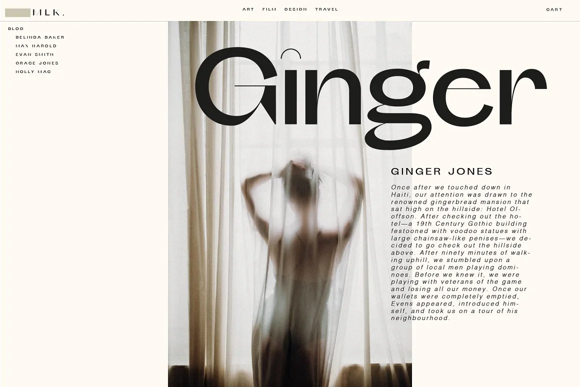 A website design with large black typography overlaying an image of a silhouette behind a curtain, promoting modern minimalist font aesthetics.