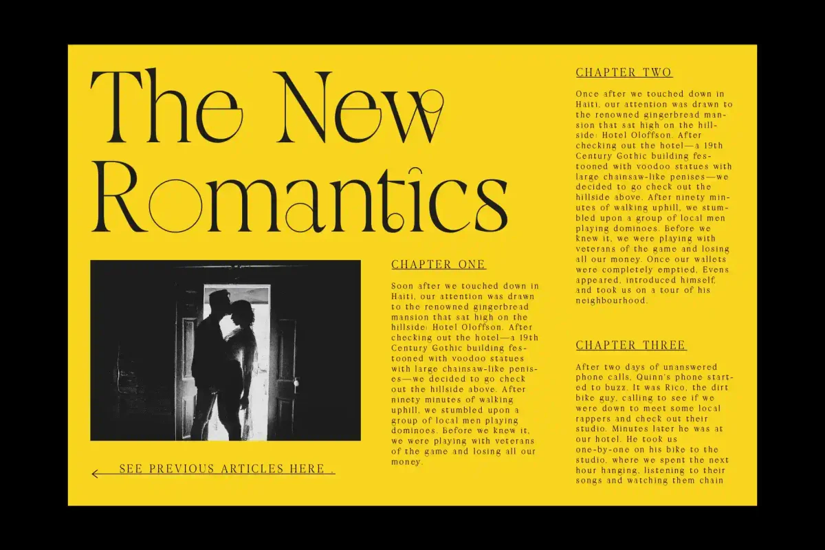 Yellow poster featuring serif typography "The New Romantics" with a black-and-white silhouette photo of a couple, and three chapters of text aligned on the right side.