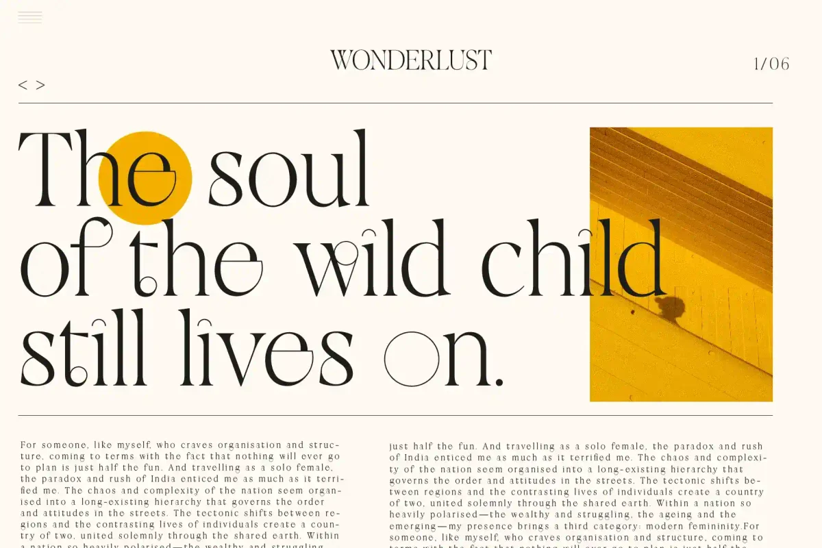 Serif typography poster reading "The soul of the wild child still lives on" with artistic letterforms, accompanied by a yellow circle and abstract image accents on a light cream background.