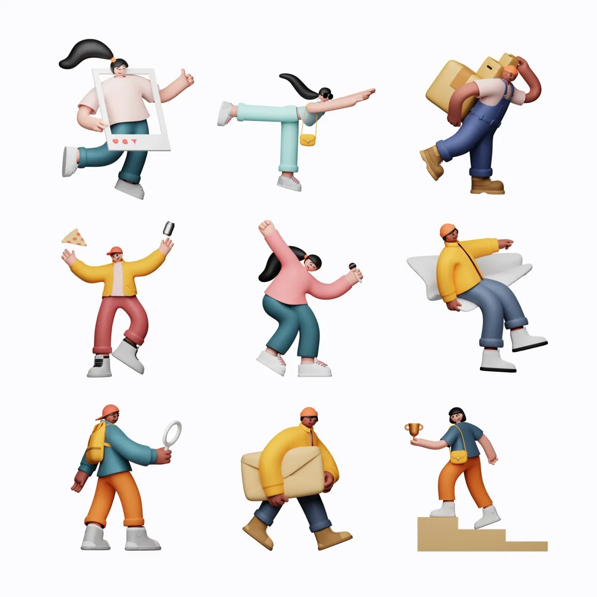 Nine dynamic 3D characters in various poses, each with unique clothing and accessories, showcasing a playful, colorful, and stylized cartoon design.