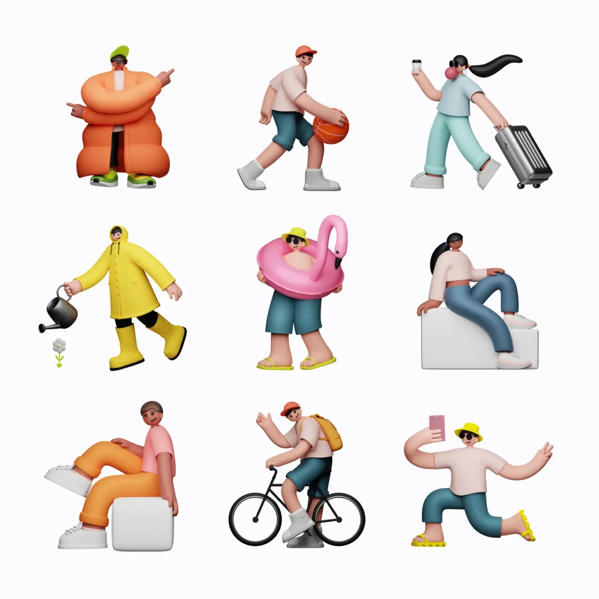 Nine 3D characters engaged in activities like playing basketball, walking with luggage, and floating in a flamingo floatie. The bright, cartoonish style is fun and whimsical.