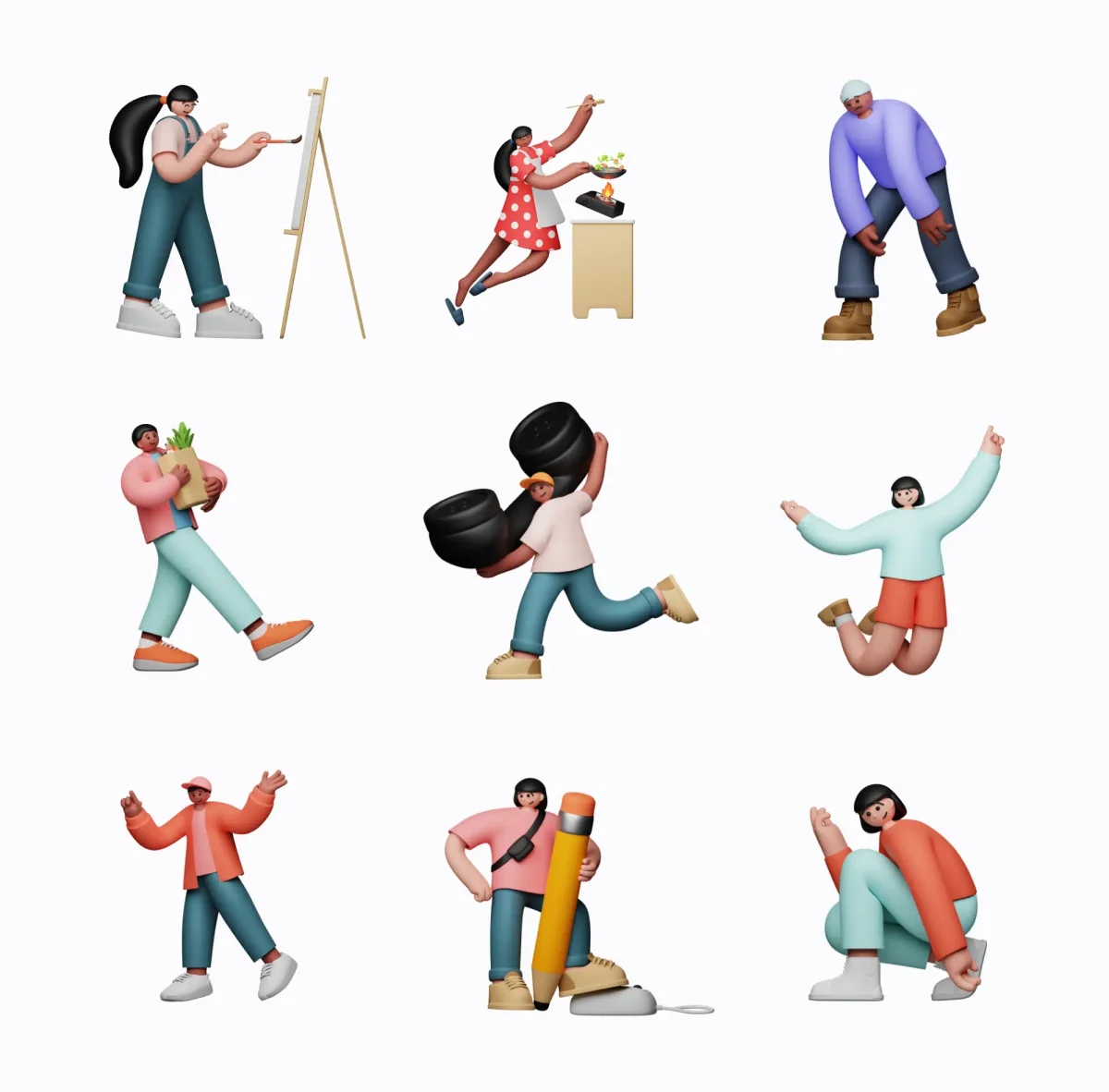 Nine 3D characters performing actions like painting, cooking, and lifting weights. The playful, stylized design uses bold colors and exaggerated features.