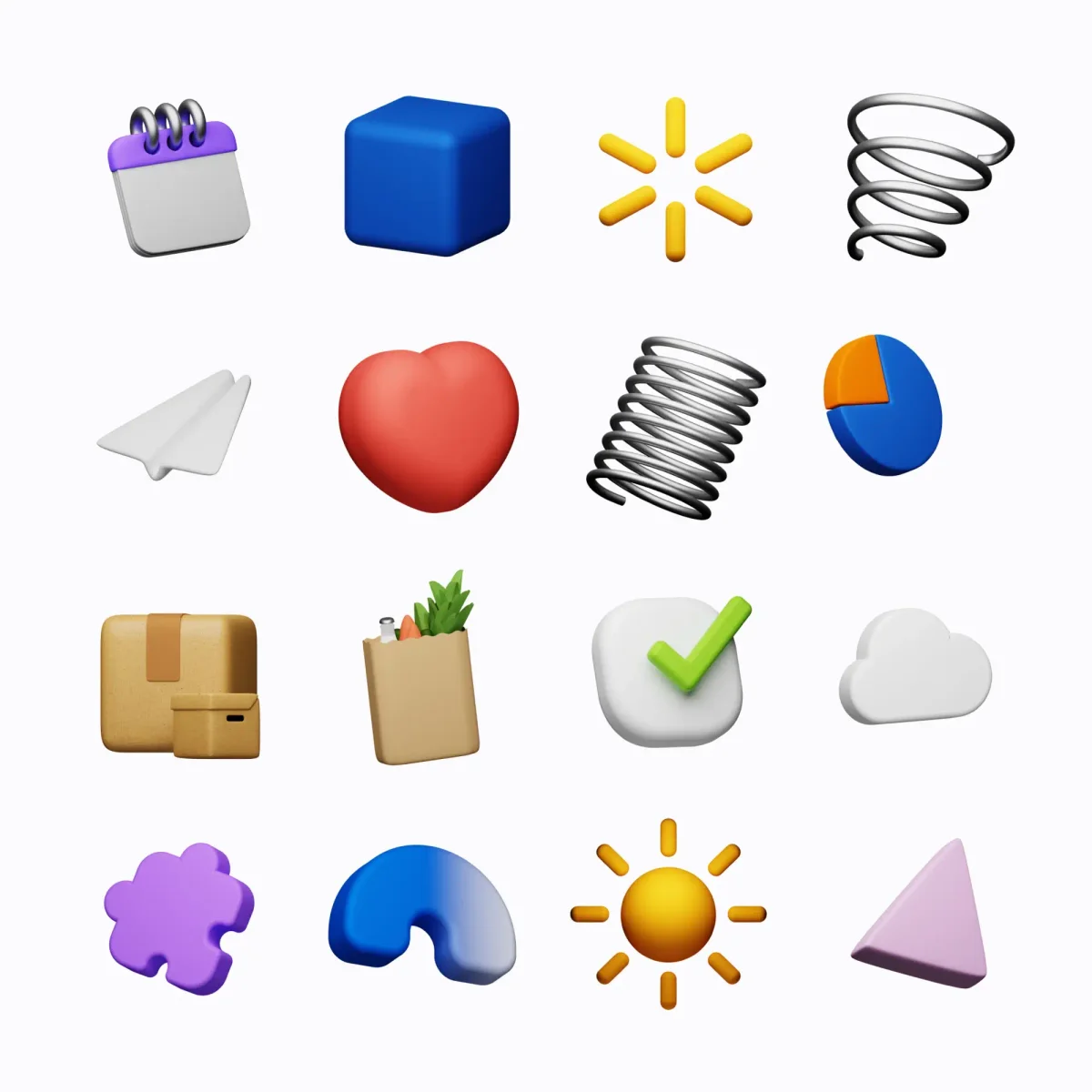 Fifteen 3D icons including a calendar, heart, grocery bag, and sun. The icons are cute, colorful, and designed in a fun, cartoonish style.