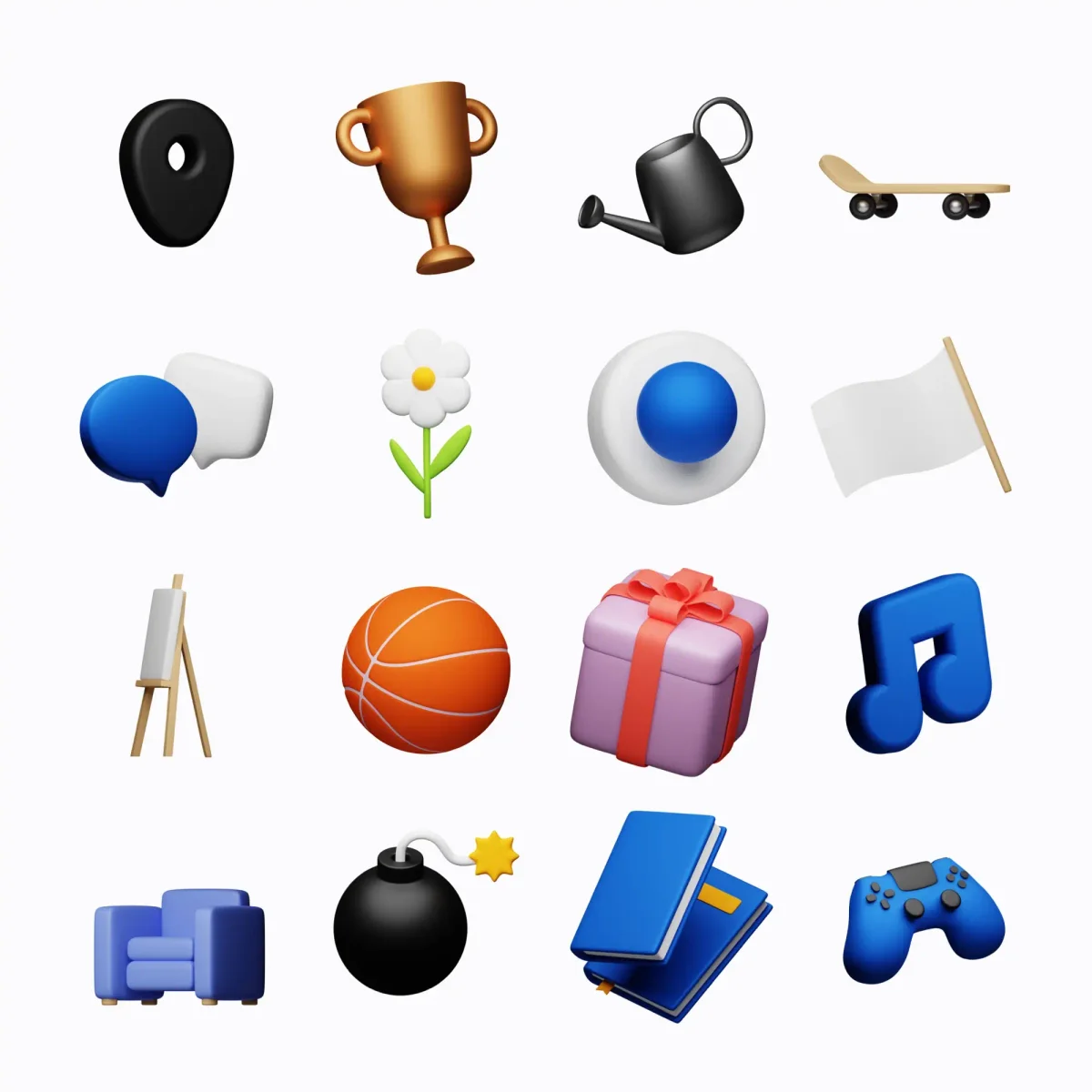 Fifteen 3D icons such as a trophy, watering can, basketball, and musical note. The design is vibrant, playful, and rendered in a stylized cartoon manner.