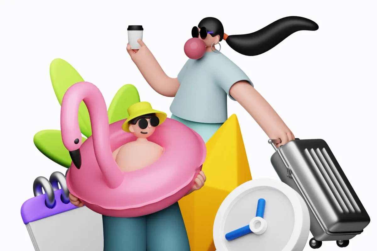 3D illustration featuring a playful character in a flamingo floatie, another pulling a suitcase, and whimsical elements like a coffee cup and clock. The design is colorful, cartoonish, and vibrant.