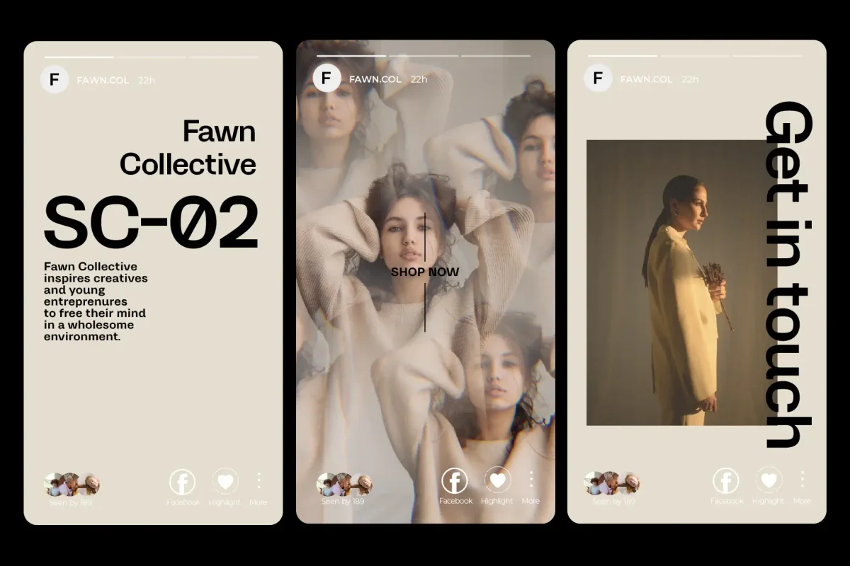 A triptych of vertical designs for "Fawn Collective," highlighting fashion imagery and the call to action "Get in touch," designed for social media.