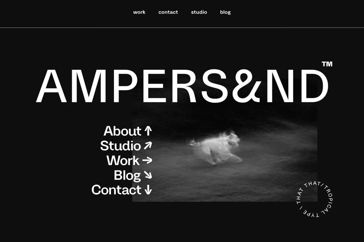 A dark-toned webpage header featuring the brand name "Ampers&nd" with navigation links, showcasing a minimalist, monochrome design.