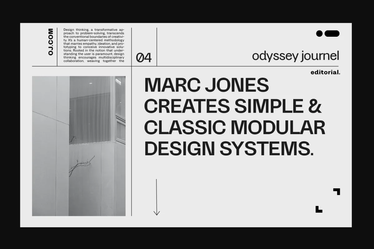 Editorial layout with the headline "Marc Jones Creates Simple & Classic Modular Design Systems," paired with a minimalist photo of a building exterior.