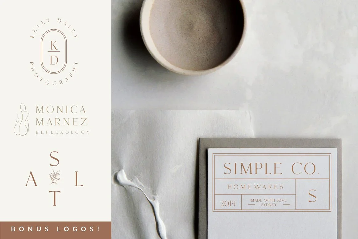 A vertical layout displaying several logos including "Kelly Daisy Photography" with an oval icon, "Monica Marnez Reflexology" with a minimalist silhouette, "Salt" with a delicate botanical graphic, and a stationery design for "Simple Co. Homewares" in gold line work.