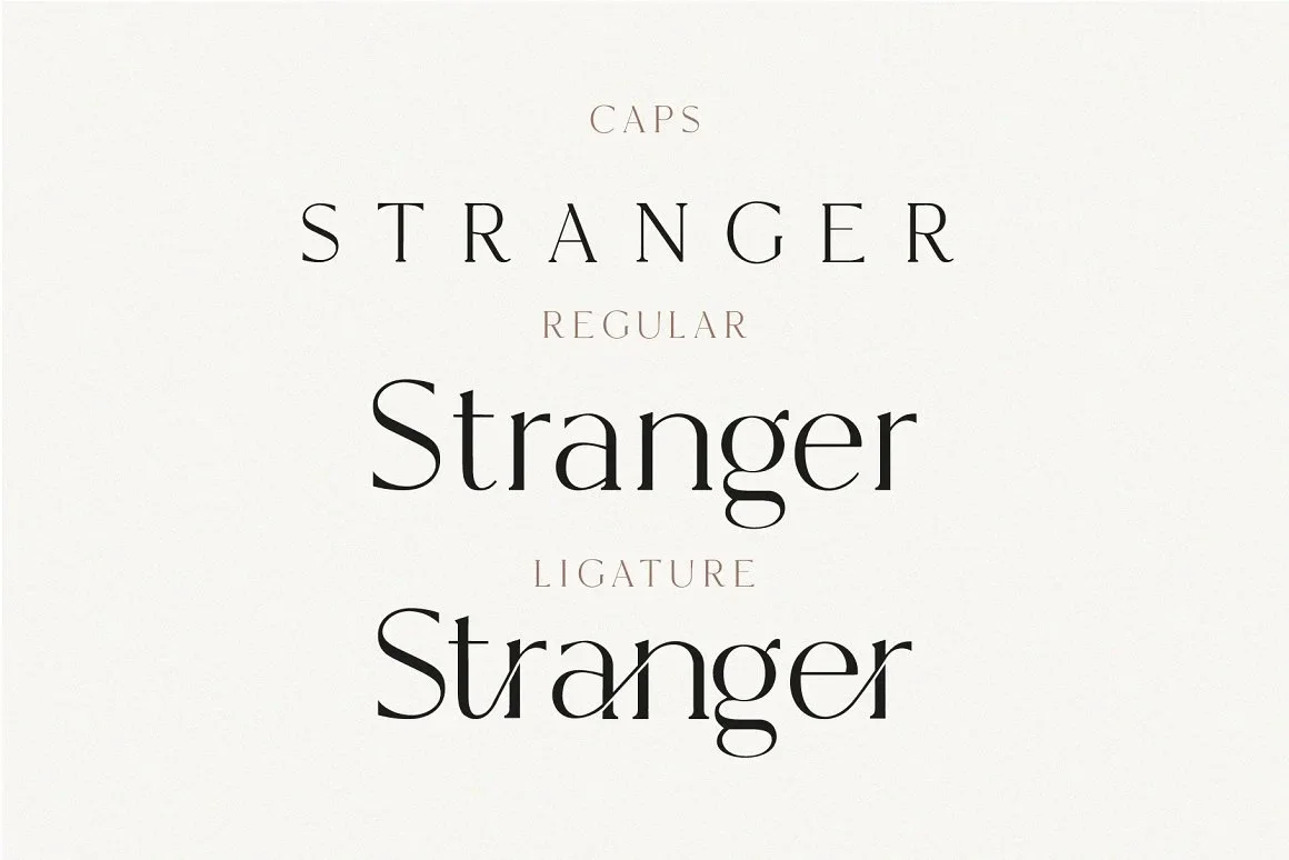 A typographic example showing the word "Stranger" in three styles: all caps, regular serif, and a ligature version that connects some letters in an elegant way.