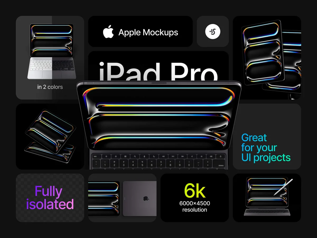 Collage of Apple iPad Pro mockups showcasing two color variations of the tablet, high-resolution images, fully isolated designs, and compatibility with UI projects.
