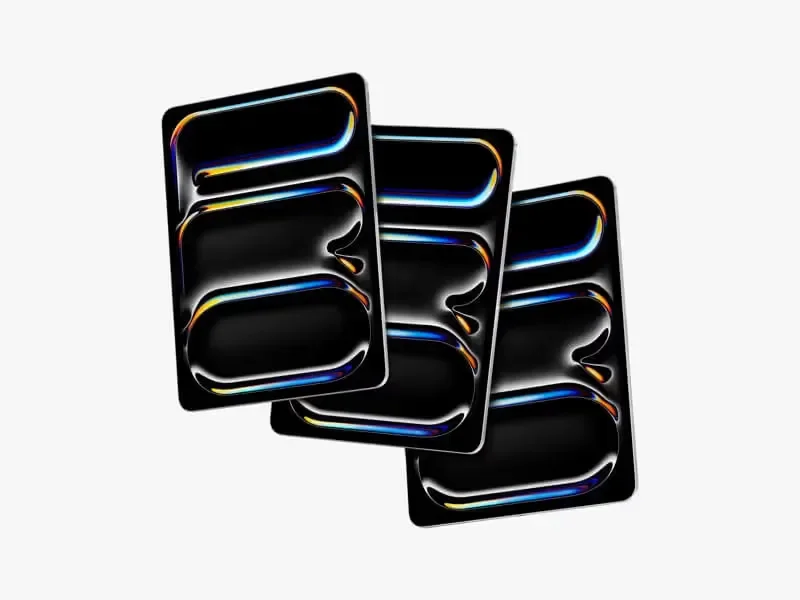 Three stacked iPad Pro mockups with the same glossy, black screen design, creating a layered and reflective look.