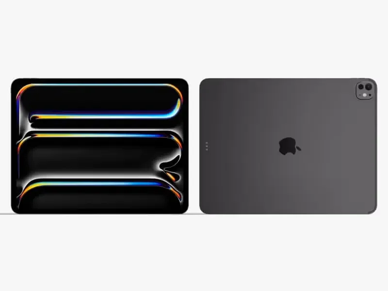 Front and back view of the iPad Pro mockup in space gray, highlighting the contrast between the tablet's sleek back and the reflective, multicolored screen design.