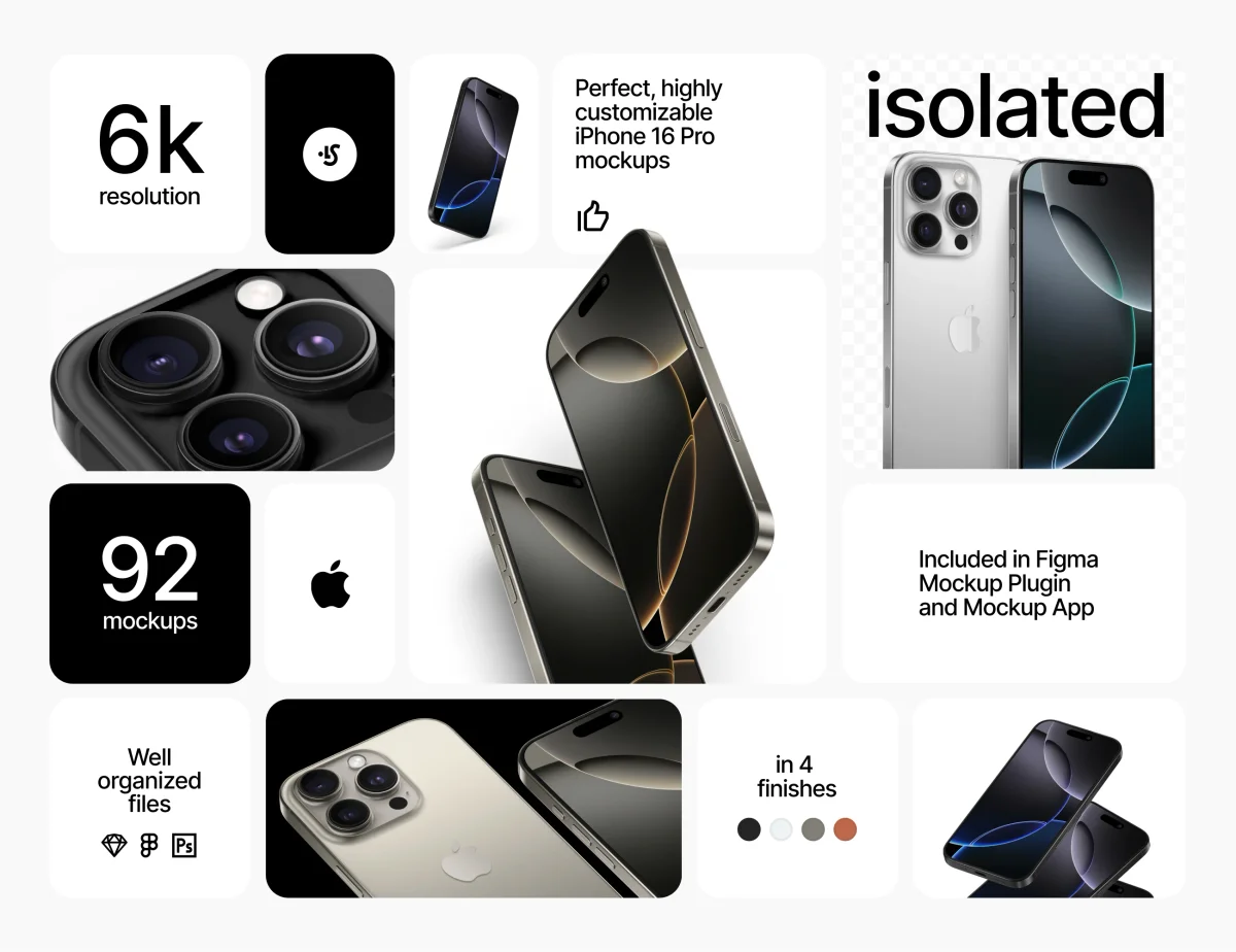A collage showing various customizable iPhone 16 Pro mockups in high resolution, highlighting its triple camera and smooth display.