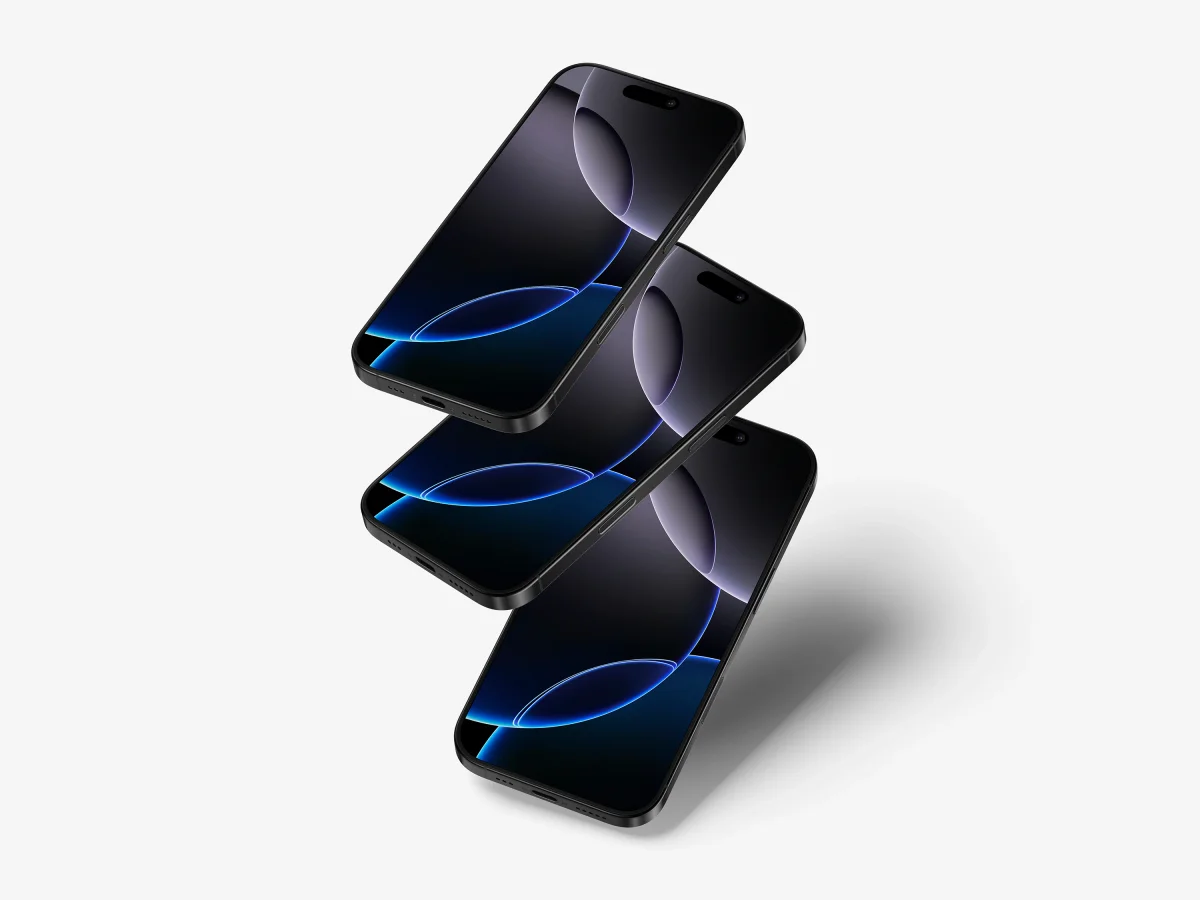 Three iPhone 16 Pro devices, stacked in a floating formation, with their blue displays visible on a white background.