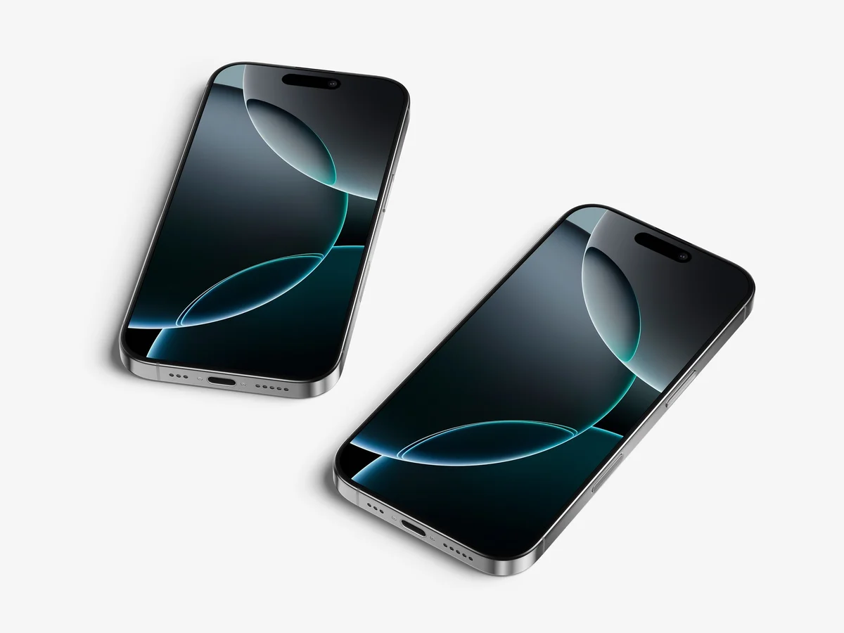 Two iPhone 16 Pro devices placed horizontally on a white surface, showcasing the smooth edges and deep blue screens.