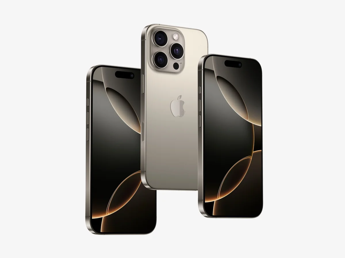 A set of three iPhone 16 Pro devices, two facing front and one back, with gold accents, displayed against a light background.
