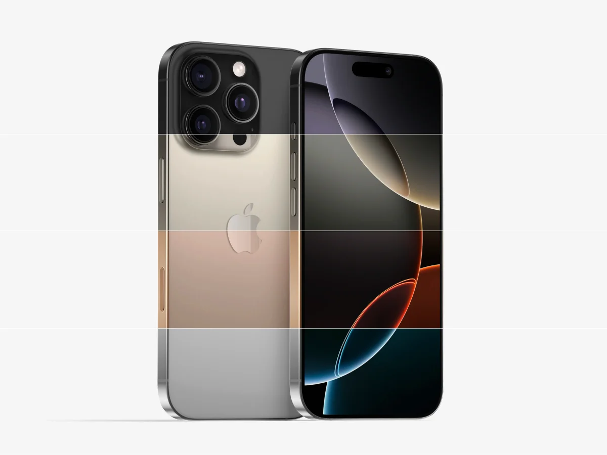 A sleek iPhone 16 Pro in gold with a triple-camera system, displayed both front and back on a clean, light background.