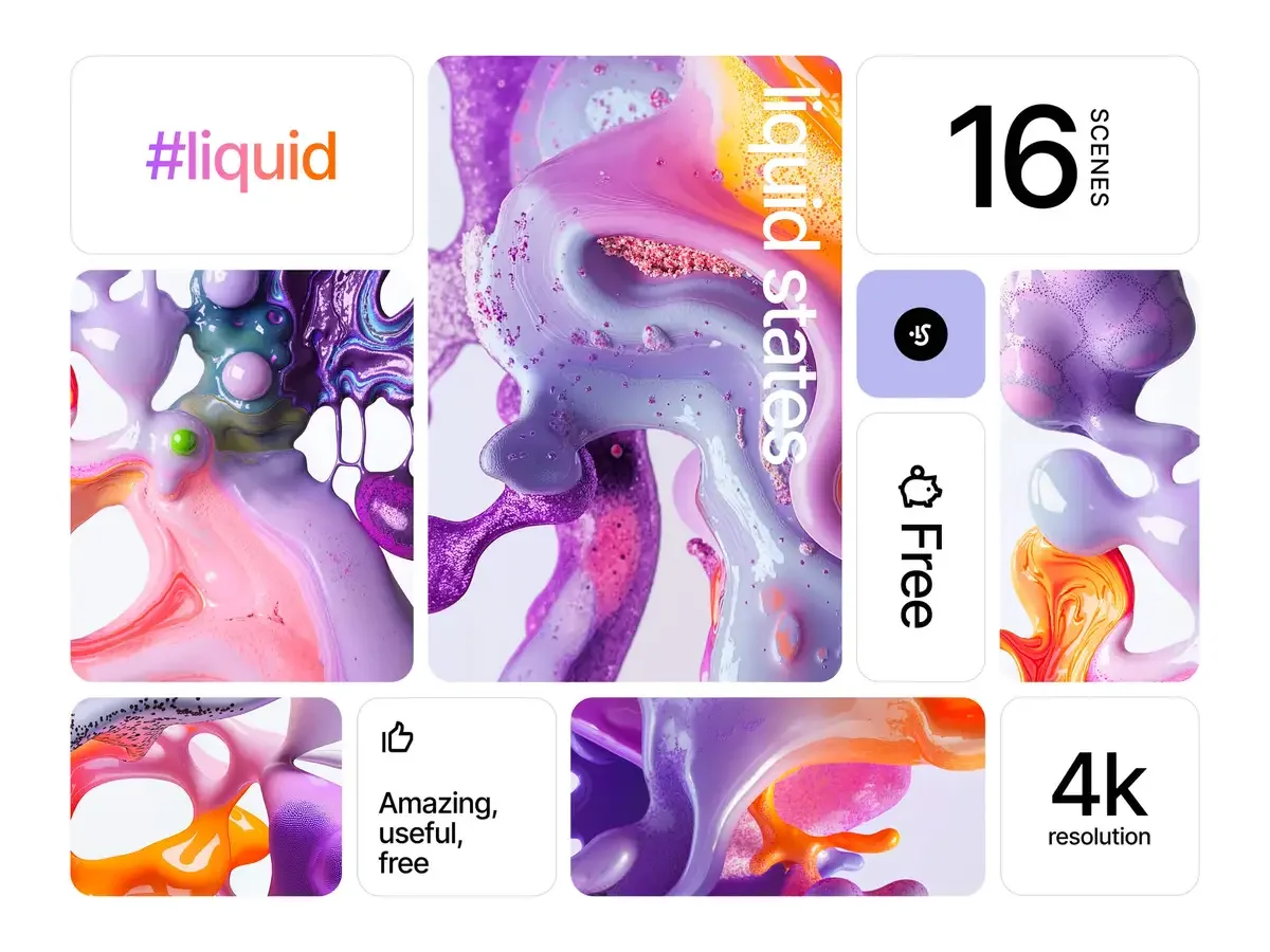 Abstract fluid design featuring vibrant purple, pink, and orange hues, combined in a bento layout.