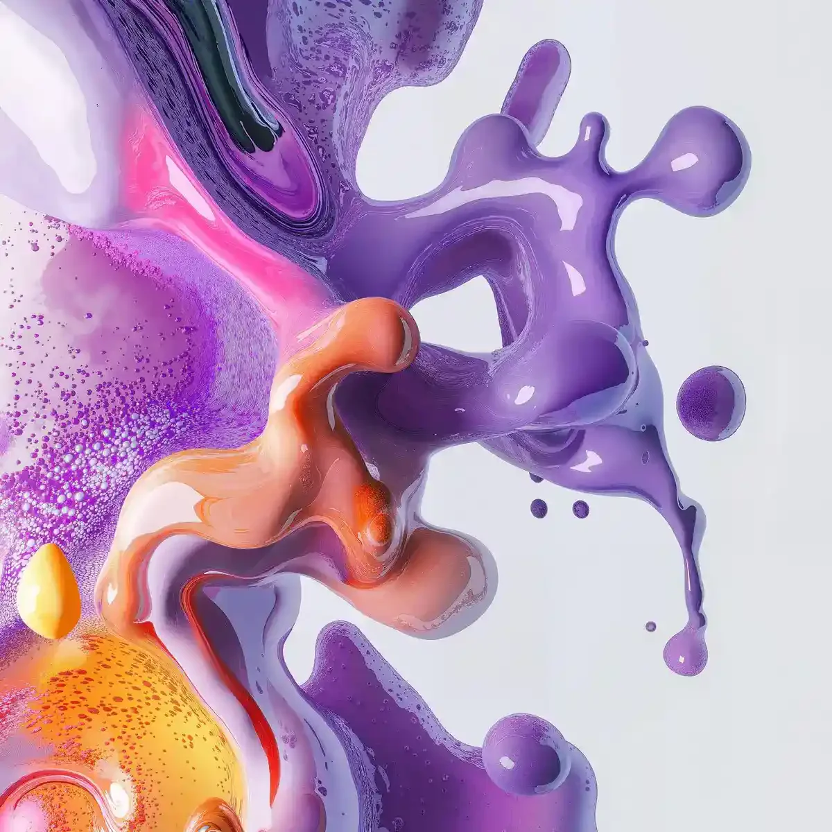 Abstract splash of vibrant purple and orange liquid against a light background, creating a dynamic visual effect.