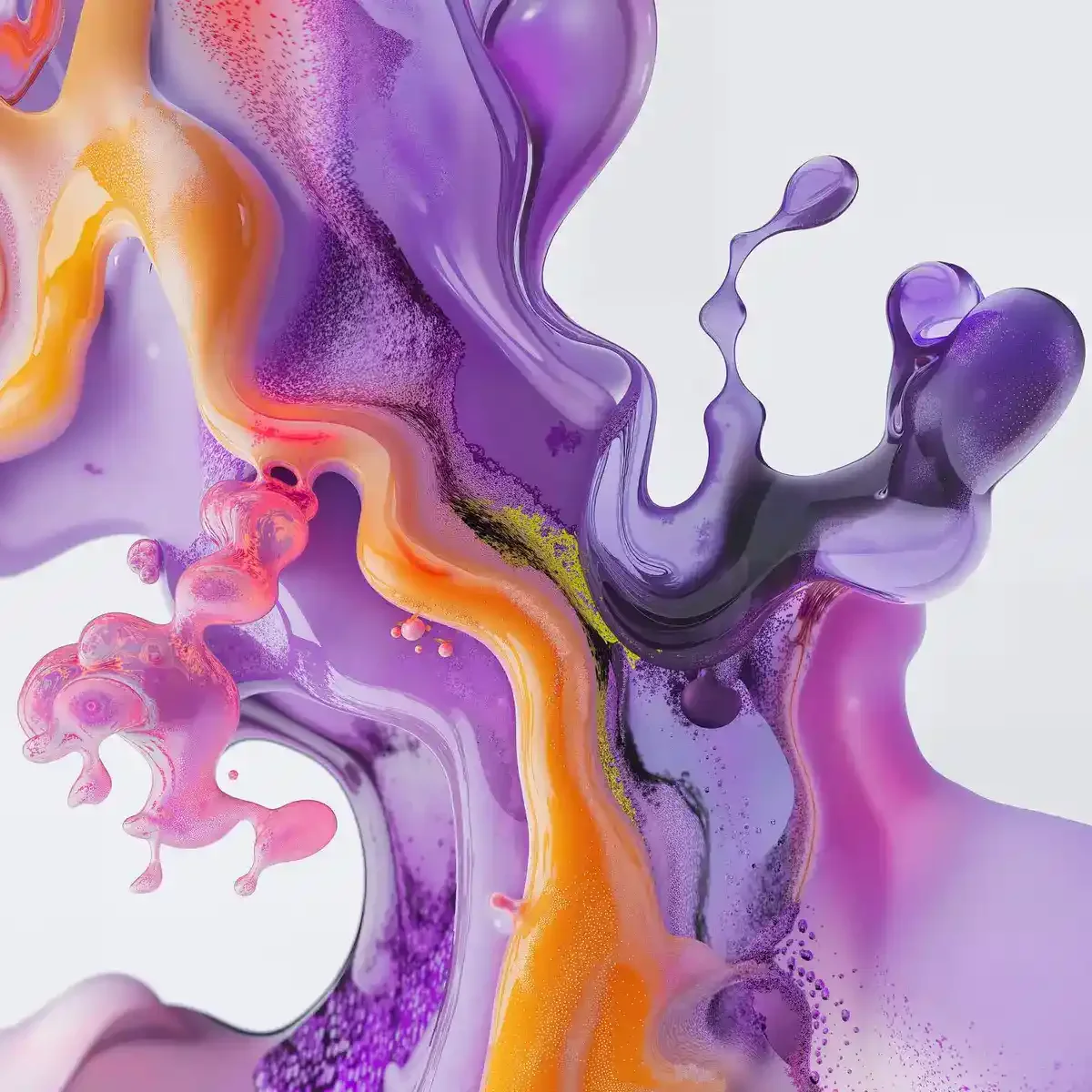 A vibrant abstract painting featuring swirling purple, pink, and orange hues, resembling fluid motion and artistic expression, set against a light gray background.