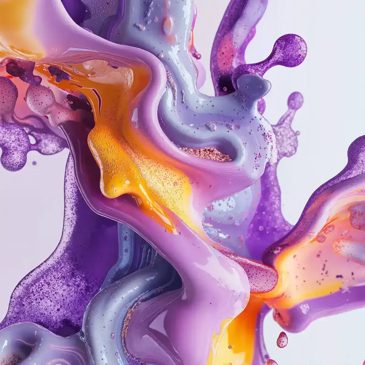 Abstract swirl of purple and orange colors blending together against a light background, creating a fluid, colorful design.