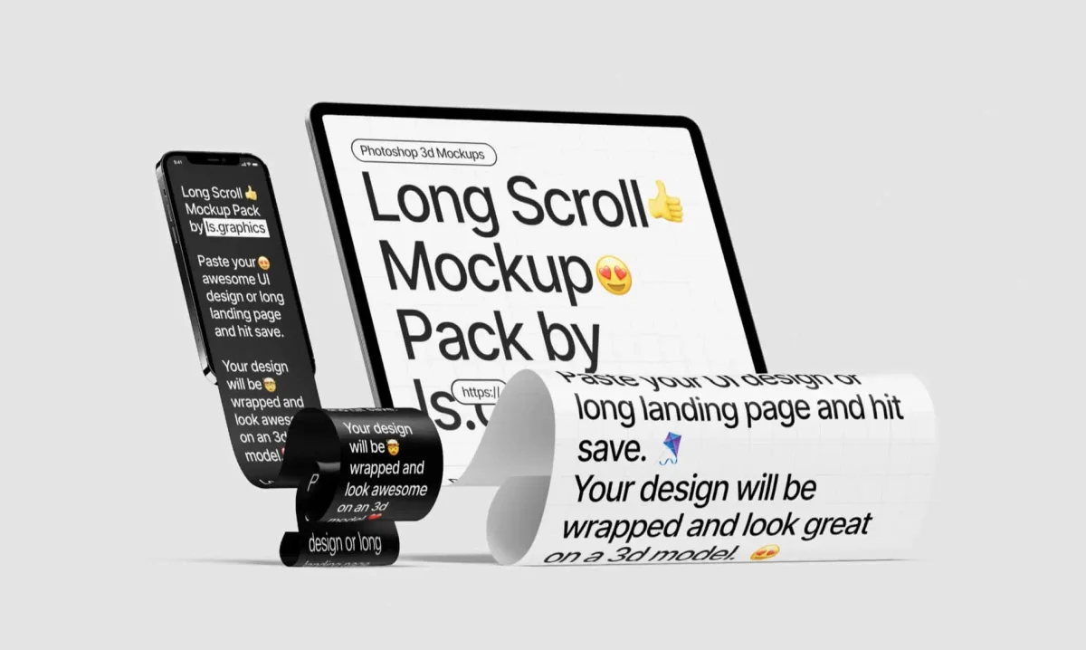 A smartphone and tablet displaying long scroll mockups, perfect for showcasing extensive digital content in a dynamic, flexible layout.