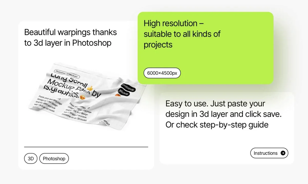 A close-up of a high-resolution long scroll mockup with 3D effects, set against a minimalist background, ideal for adding depth to digital presentations.