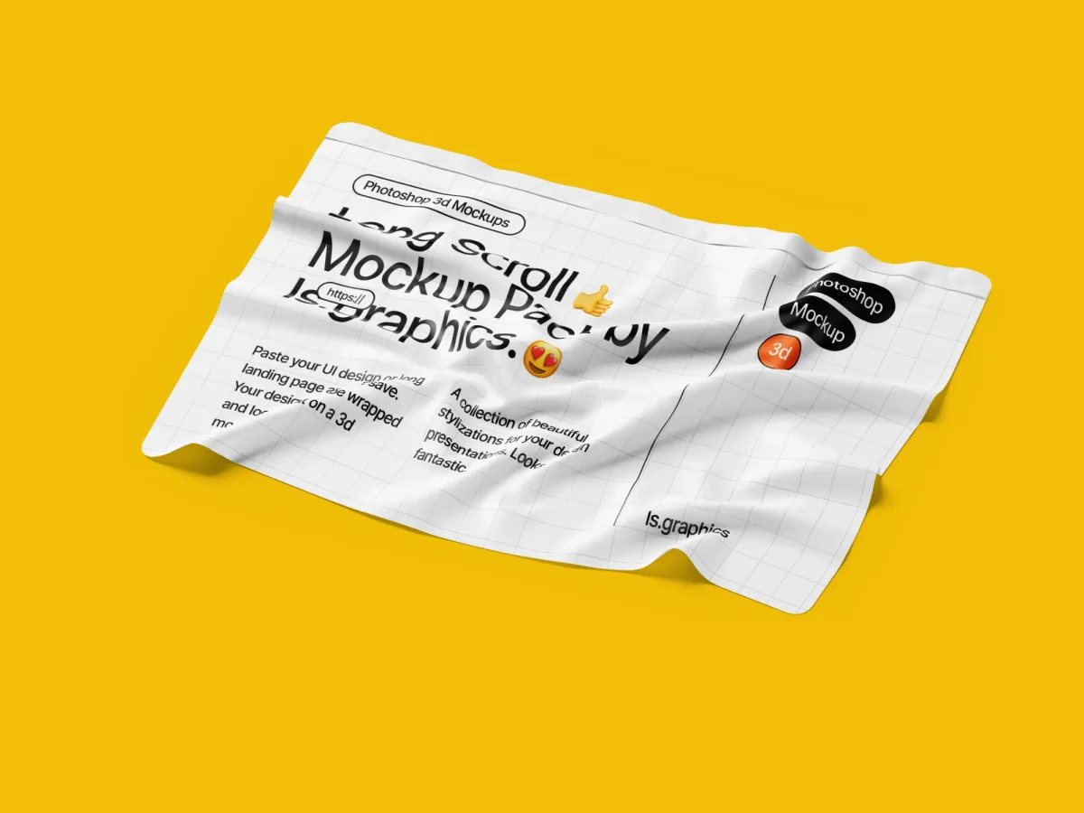 A long scroll mockup displayed on a crumpled paper-style background, adding depth and texture to graphic design presentations.